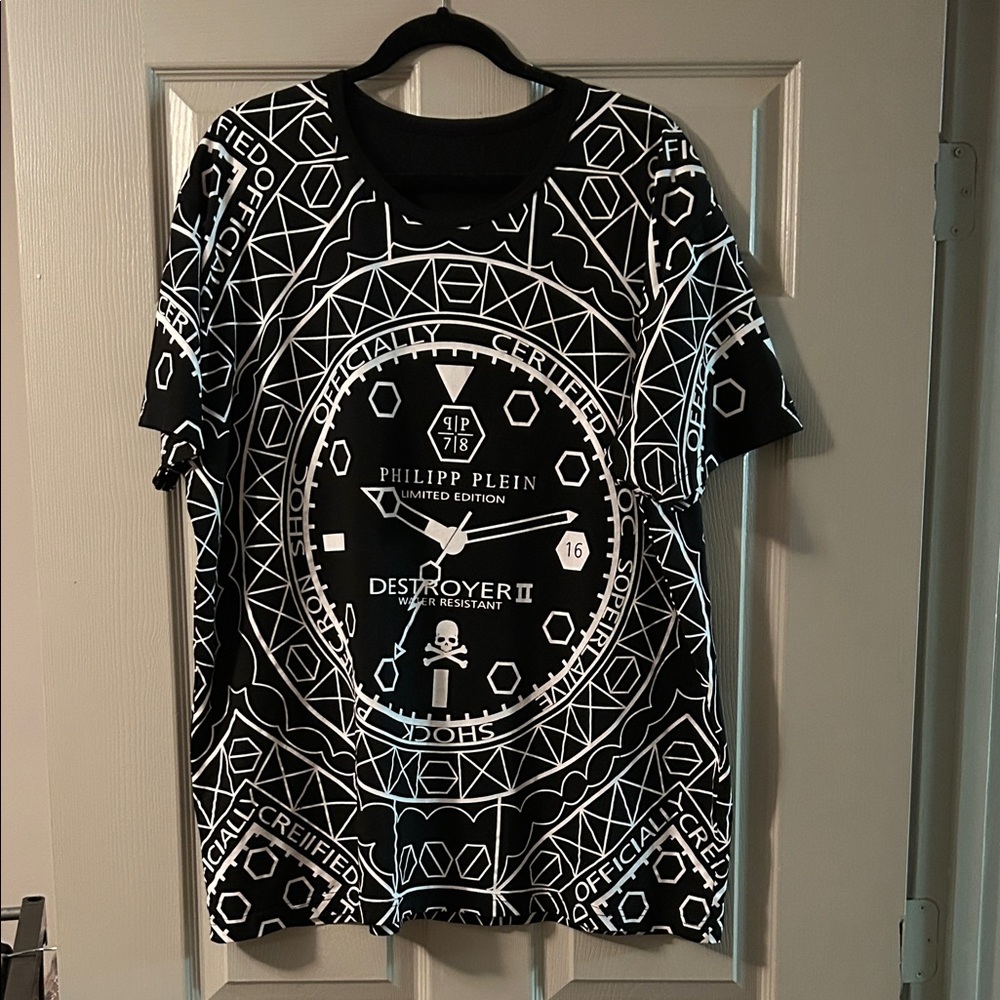 Philipp Plein Black & White Graphic Watch-Motif Short Sleeve Tee
